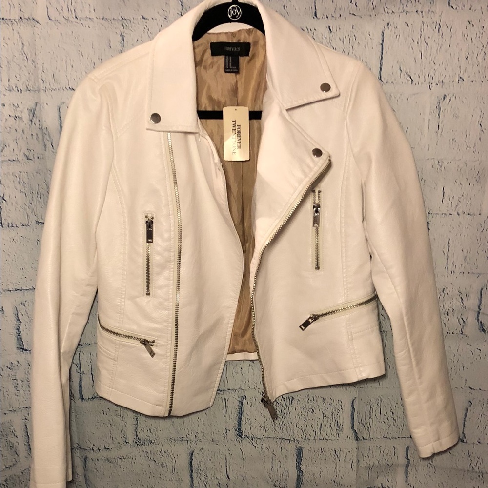 FOREVER 21: Cream faux leather moto jacket